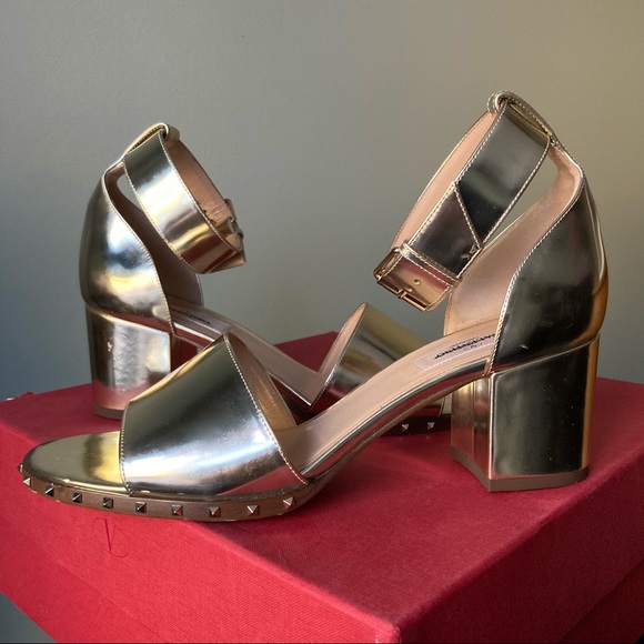 Valentino | Soul Stud Metallic Rose Gold Rockstud Ankle Strap Block Heel Sandal